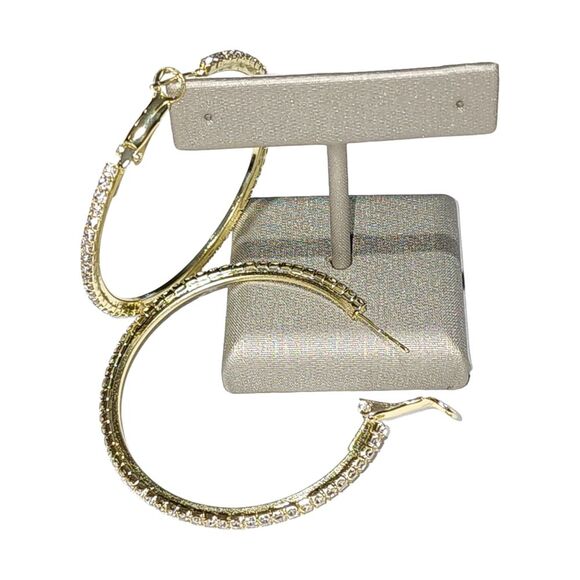 Bohemian Style Gold Plated Round Pave Rhinestone Oversized‎ Hoop Earrings 1.9in - Picture 4 of 16